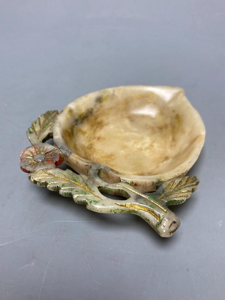 A Chinese polychrome soapstone 'peach' brush washer, Italian Collection label, length 11cm